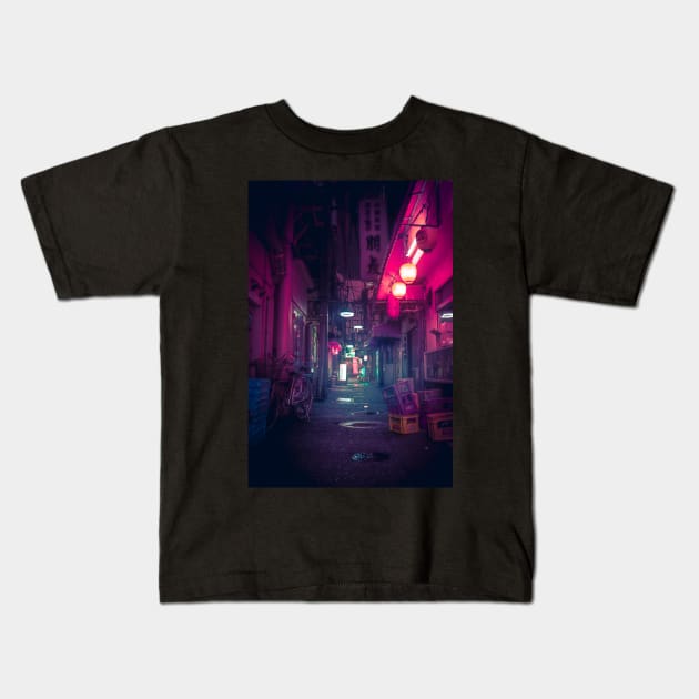 Synthwave Tokyo Neon Underworld Red Lantern in narrow dark alley Kids T-Shirt by TokyoLuv